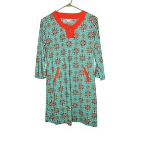 Cabanalife Dress Shift 3/4 Sleeve Pockets Medallion Print Orange Trim UPF 50 S